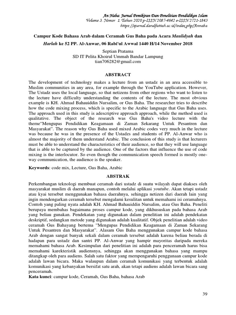 Arabic Code Mixing in Gus Baha's Lectures | PDF | Indonesian Language ...