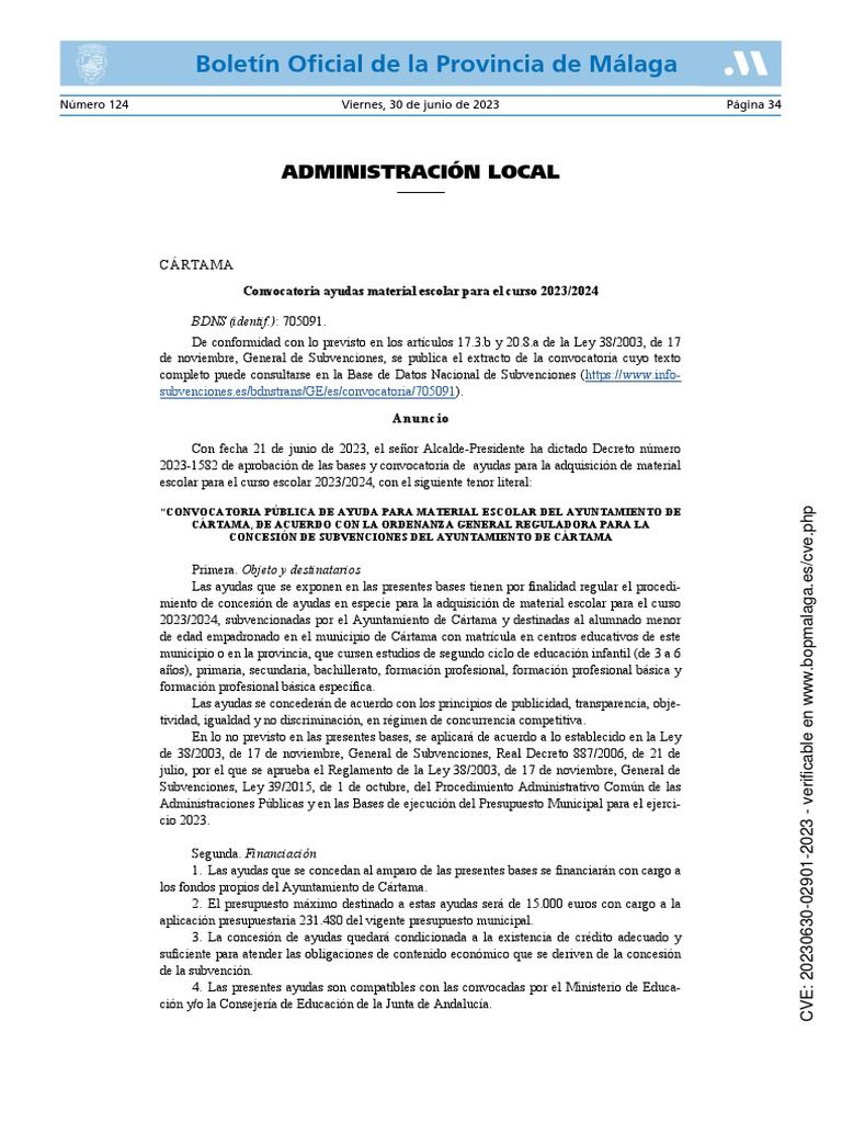 Boletín Oficial de La Provincia de Málaga PDF dinero) Desarrollo profesional