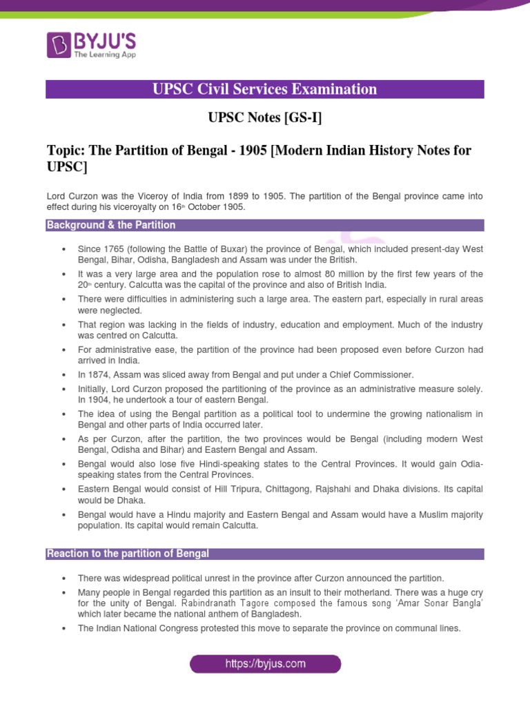 The Partition of Bengal 1905 Modern Indian History Notes For UPSC | PDF ...
