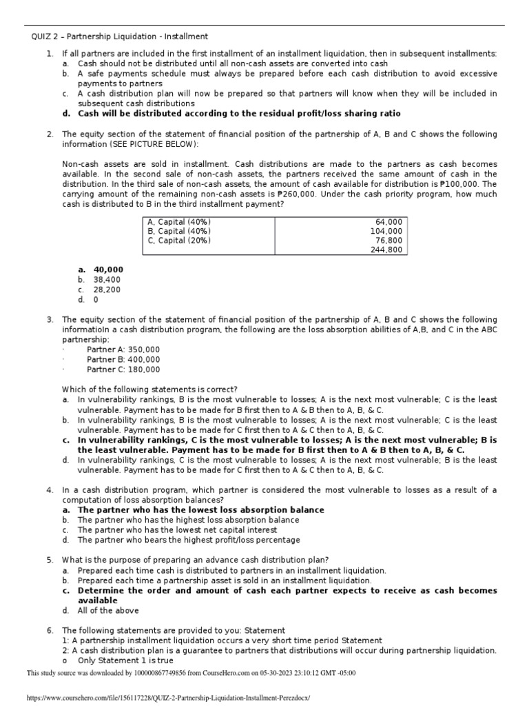 Partnership Liquidation Installment Quiz | PDF | Balance Sheet ...