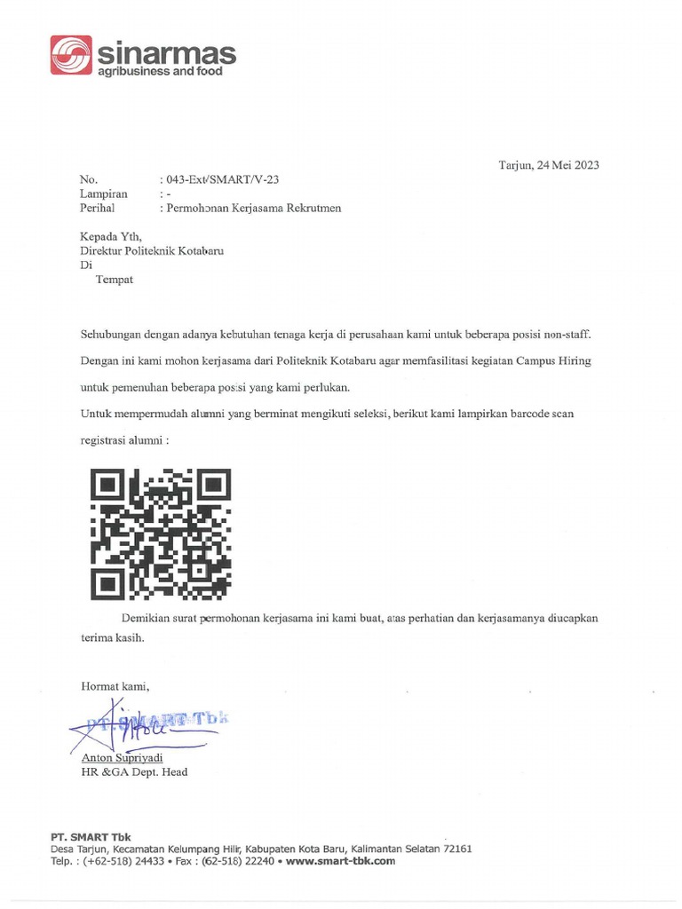Surat Permohonan Kerjasama Rekrutmen - Politeknik Kotabaru | PDF