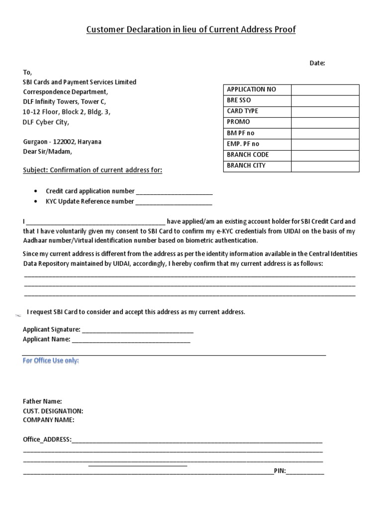 Customer Declaration in Lieu of Current Address Proof 1012 Floor, Block 2, Bldg. 3, DLF Cyber