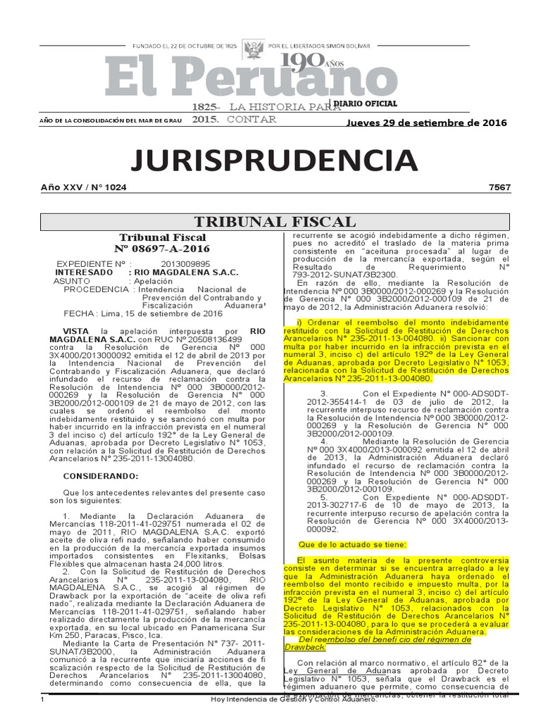 8697 A 2016 Drawback 1 | PDF | aduana | Caso de ley