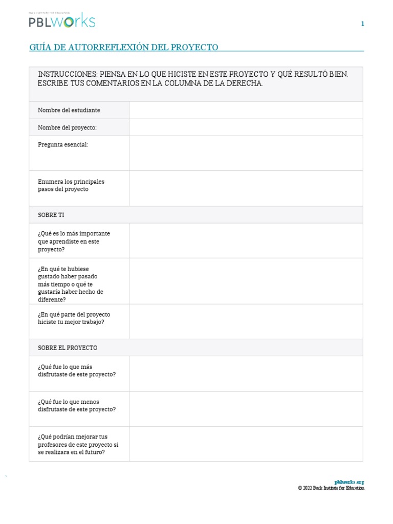 PBLworks Self Reflection On Project Work SPANISH | PDF