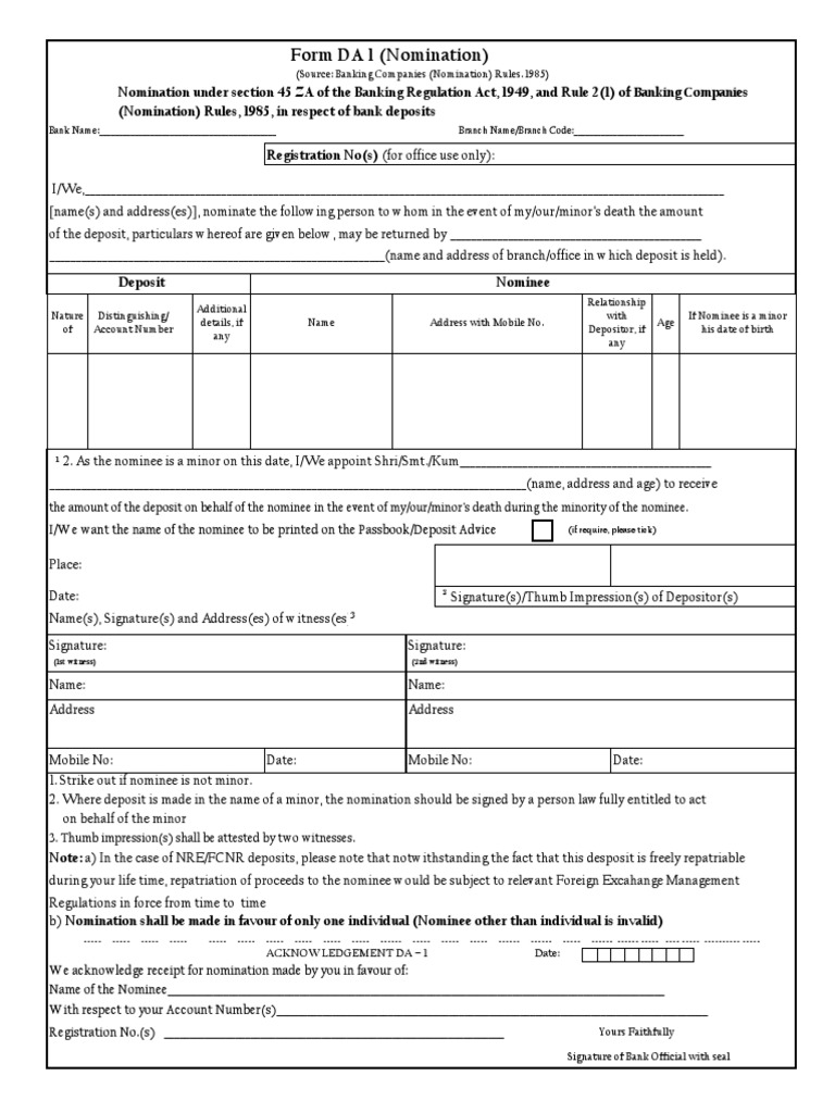Nomination Form Da 1 English | PDF | Deposit Account | Banks