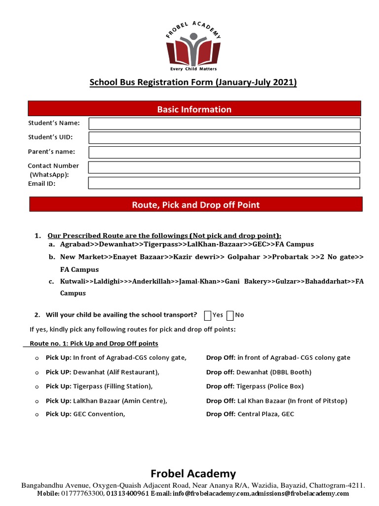 Frobel Academy School Transport Form | PDF | Bus | Transport
