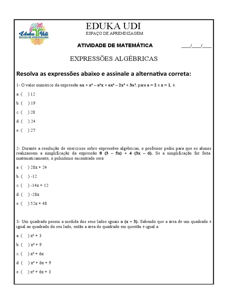 Exercícios de Expressões Algébricas 7º Ano | PDF | Métodos e Materiais ...