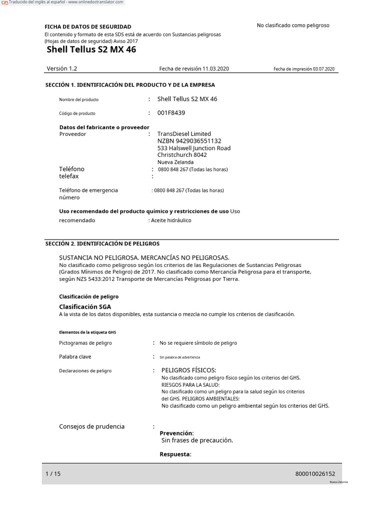 Ficha de Seguridad Shell Tellus S2 MX 46 | PDF | Ventilación ...