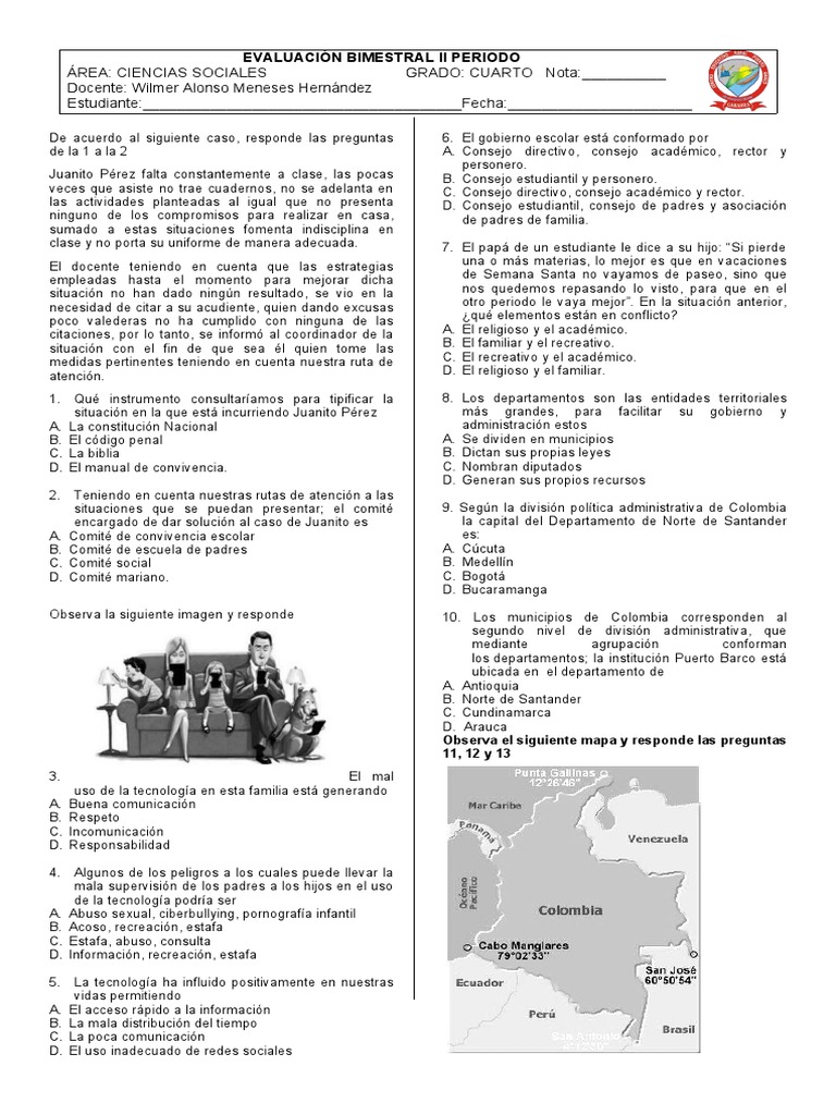 Evaluación de Ciencias Sociales 4° Primaria | PDF | Colombia | Andes
