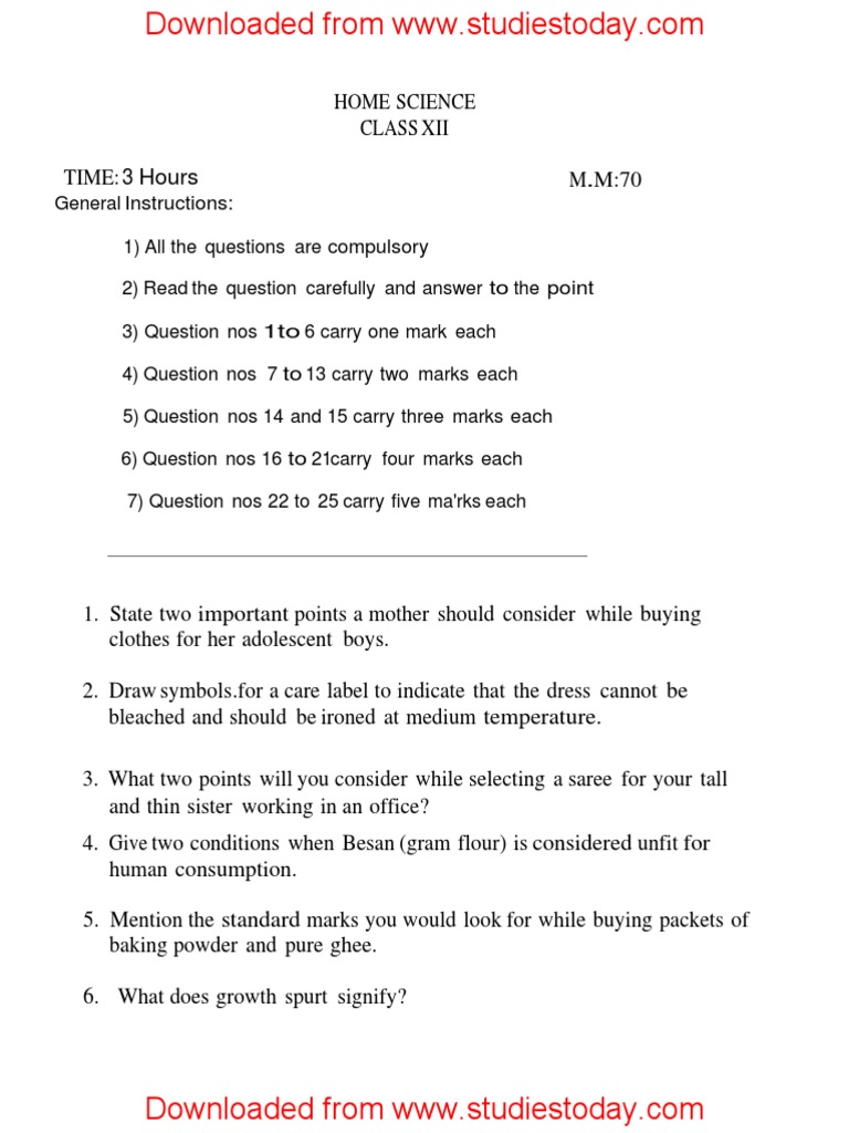 CBSE Class 12 Home Science Sample Paper 2018 | PDF