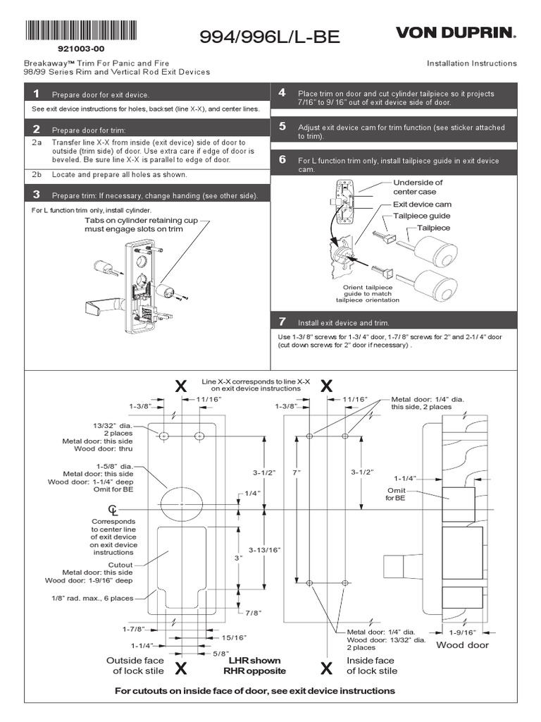 Von Duprin 994 996L LBE Breakaway Trim For Rim and Vertical Rod Device