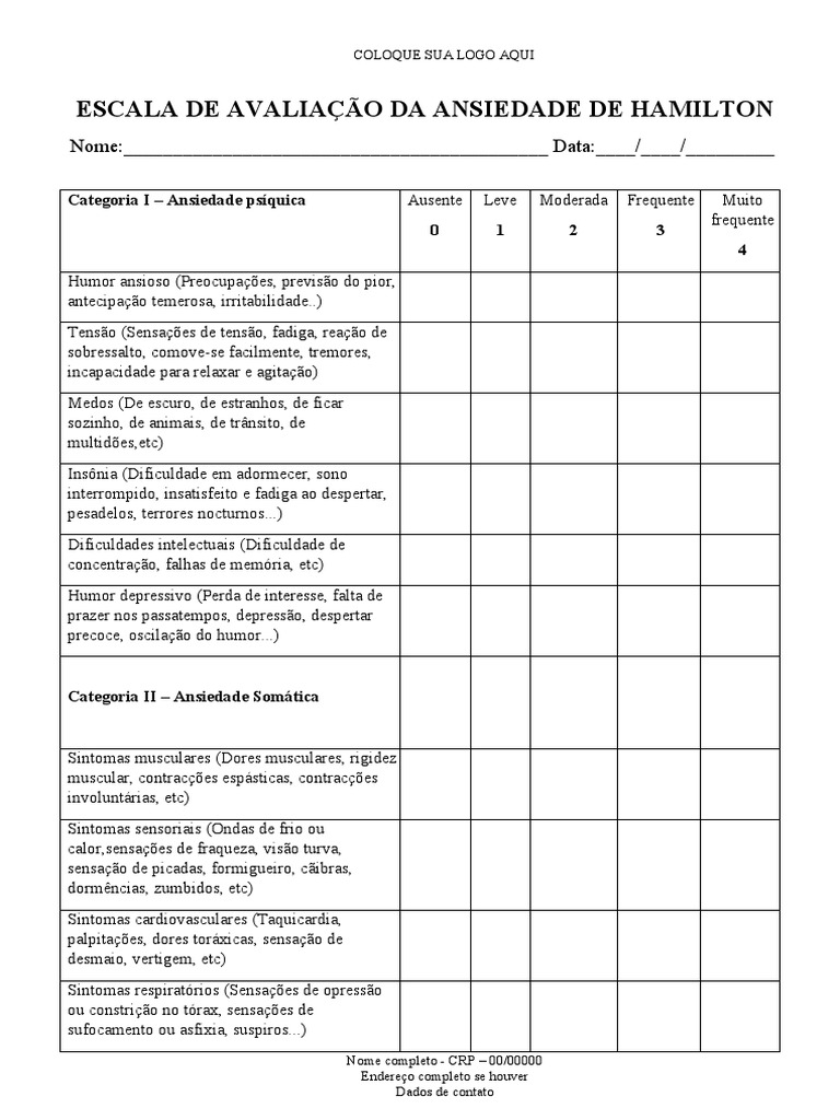 Escala de Avaliação Da Ansiedade de Hamilton PDF Ansiedade Psicologia