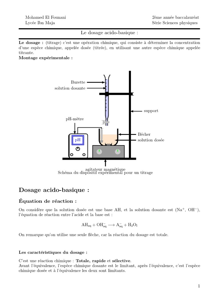 Titrage acido-basique : méthode et schéma | PDF | Titrage | Chimie