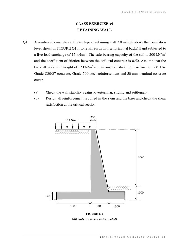 Cantilever Retaining Wall Design Exercise | PDF | Architectural Design ...