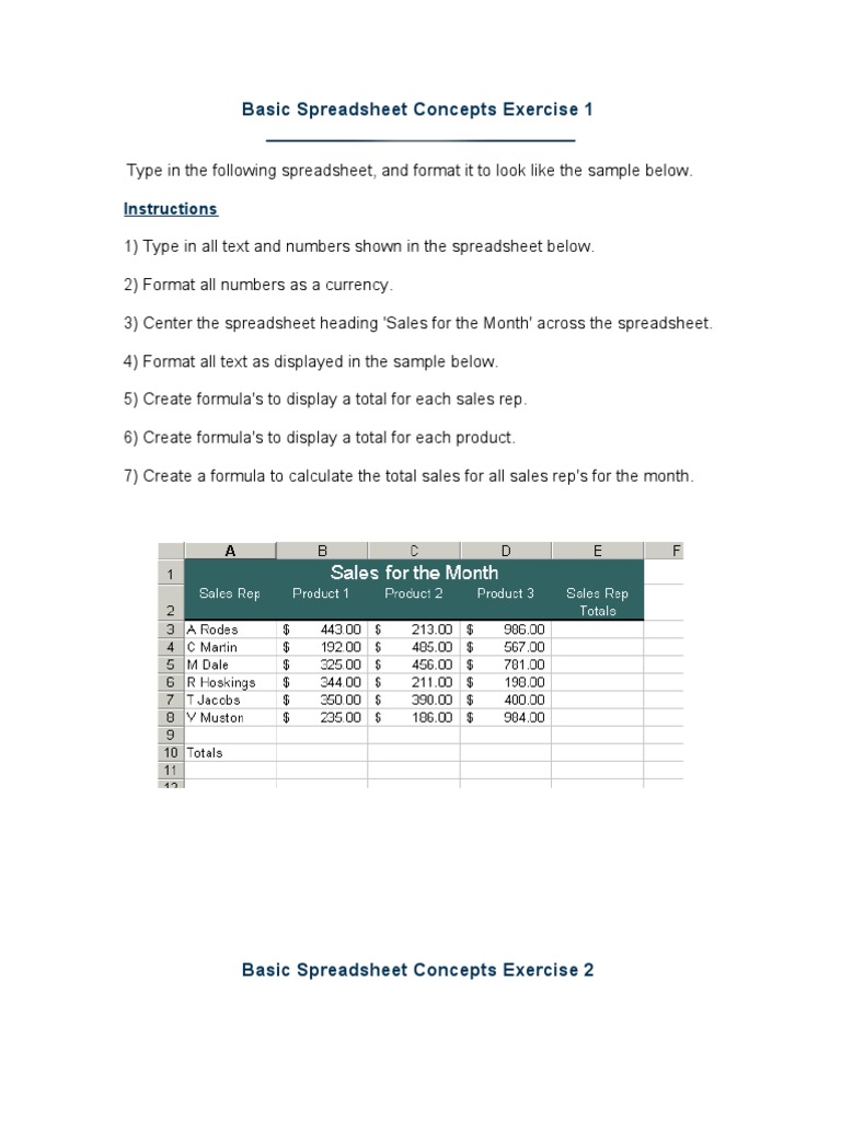 A series of seven basic spreadsheet exercises to practice essential ...