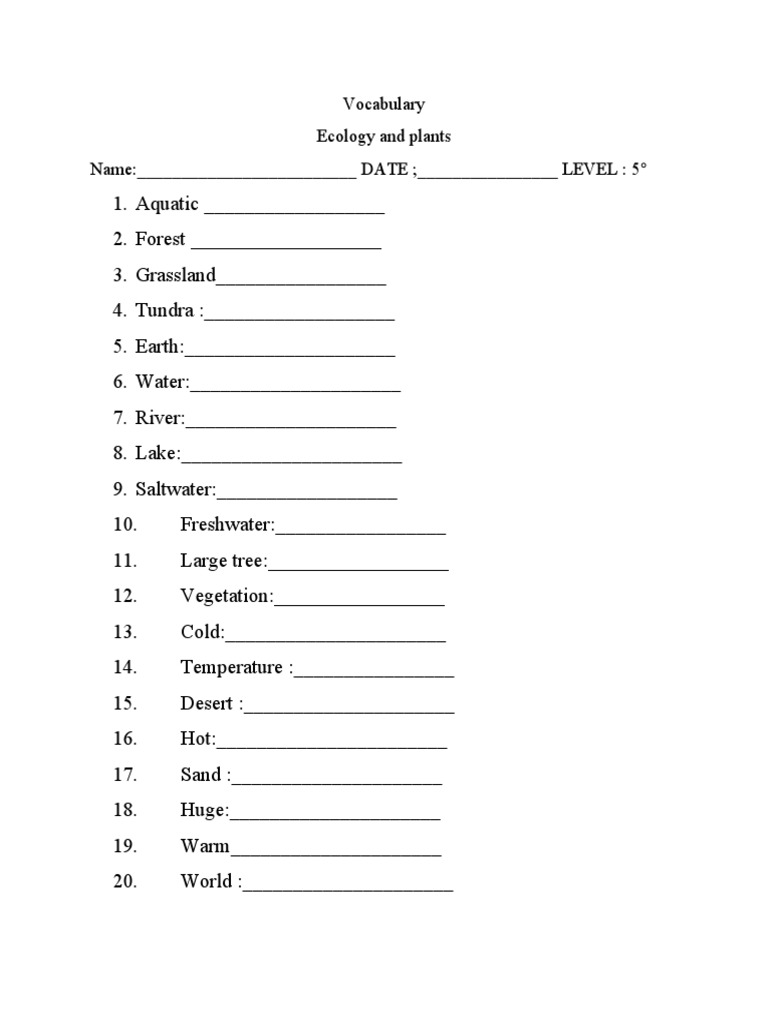 Vocabulary Ecology And Plants Name DATE LEVEL 5 PDF