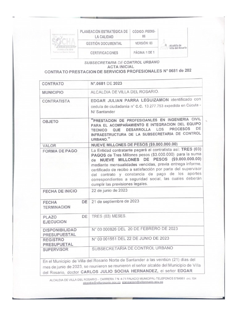 Acta de Inicio Contrato 0681 | PDF