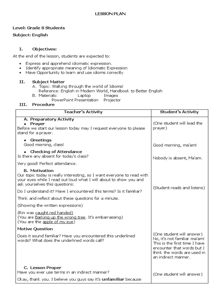 Engaging Grade 8 Idioms Lesson Plan | PDF | Idiom | Linguistics