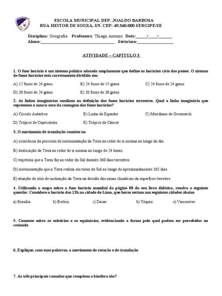 6 Ano Atividade Fuso Horário | PDF