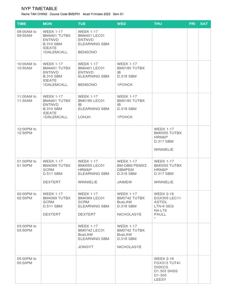 NYP Semester 1 Timetable 2023 | PDF