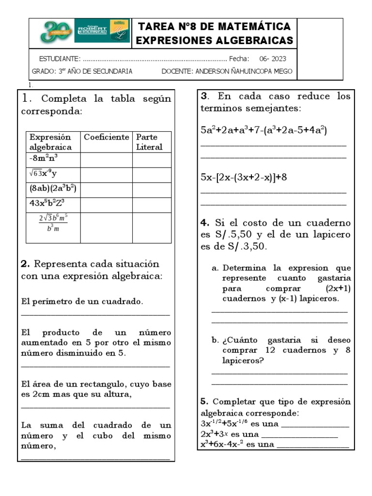Expresiones Algebraicas para Secundaria | PDF | Matemáticas | Álgebra