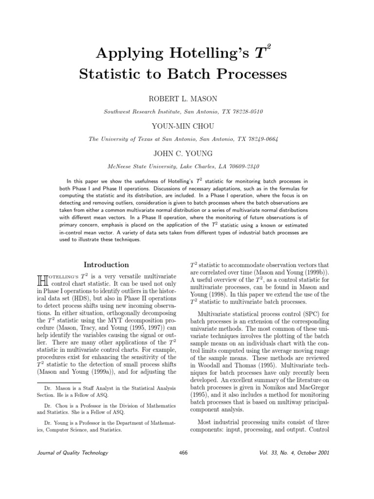 Hotelling's T2 for Batch Process Control | PDF | Outlier | Variance
