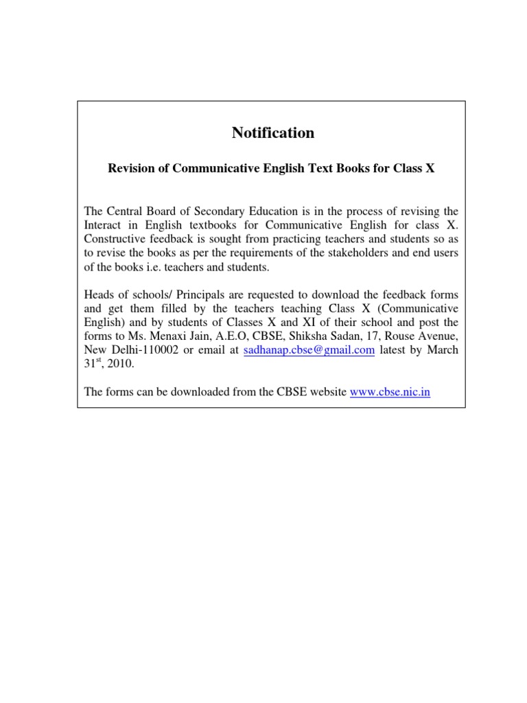 Notification: Revision of Communicative English Text Books For Class X ...