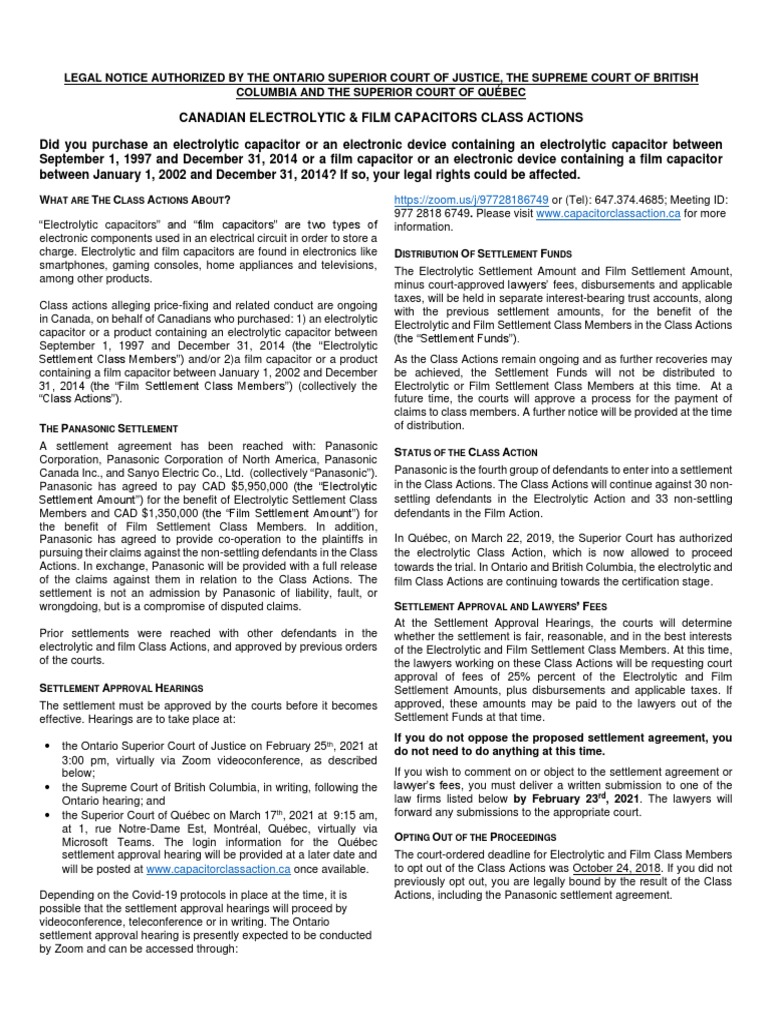 Capacitors Short Form Notice PDF Class Action Capacitor