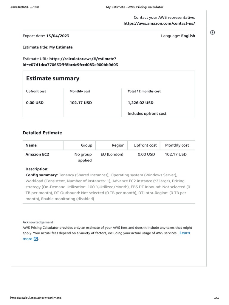 My Estimate AWS Pricing EC2 WINDOWS 8GB PDF
