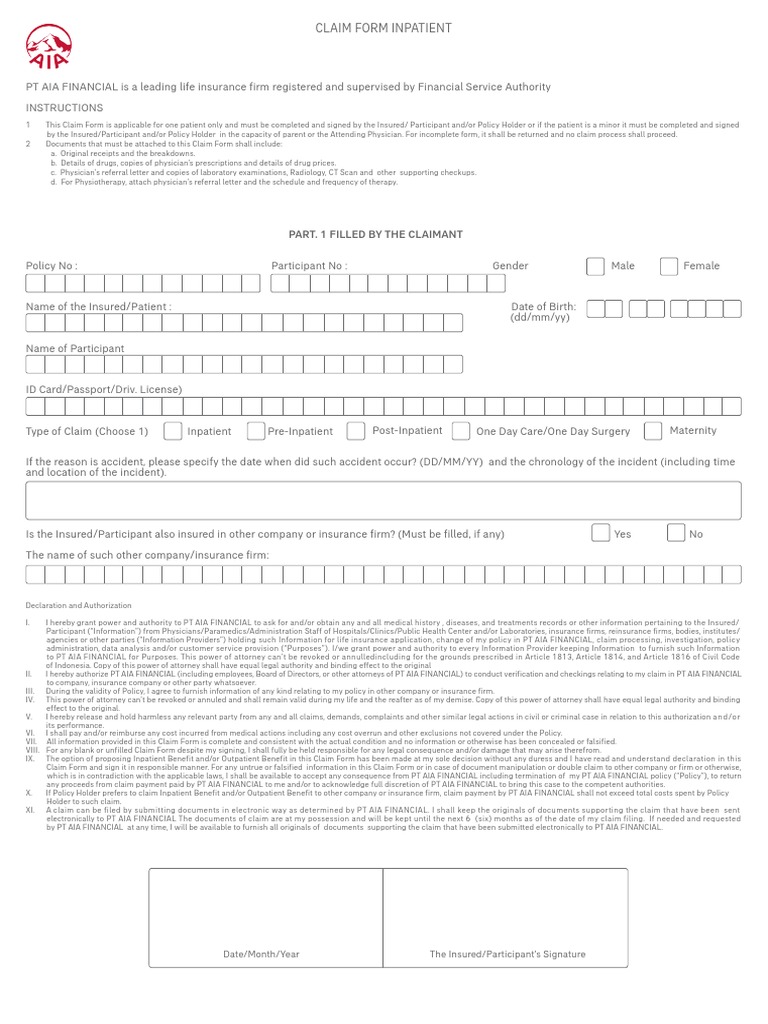 REV_Inpatient Claim Form AIA PDF Physical Examination Patient
