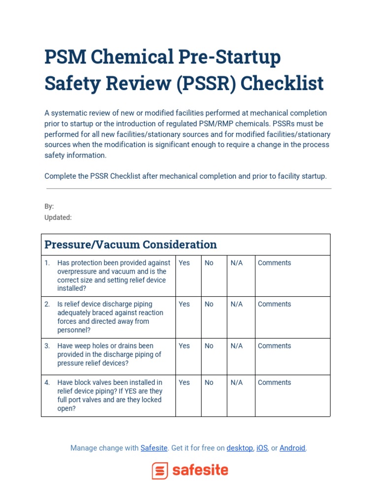 PSSR Checklist for Chemical Safety Review | PDF | Valve | Pipe (Fluid ...