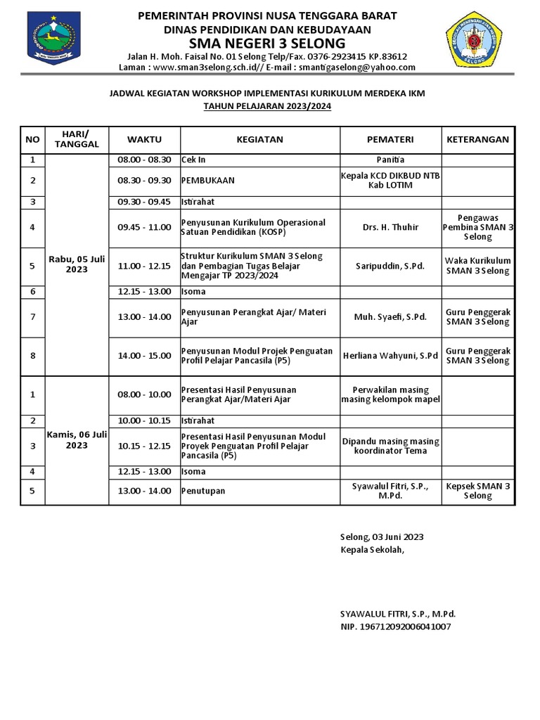 Jadwal Workshop Kurikulum Merdeka 2023 | PDF