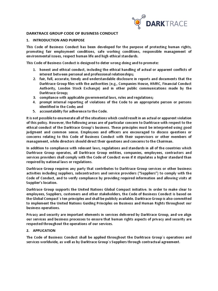 Darktrace Business Code of Conduct | PDF | Employment | Business