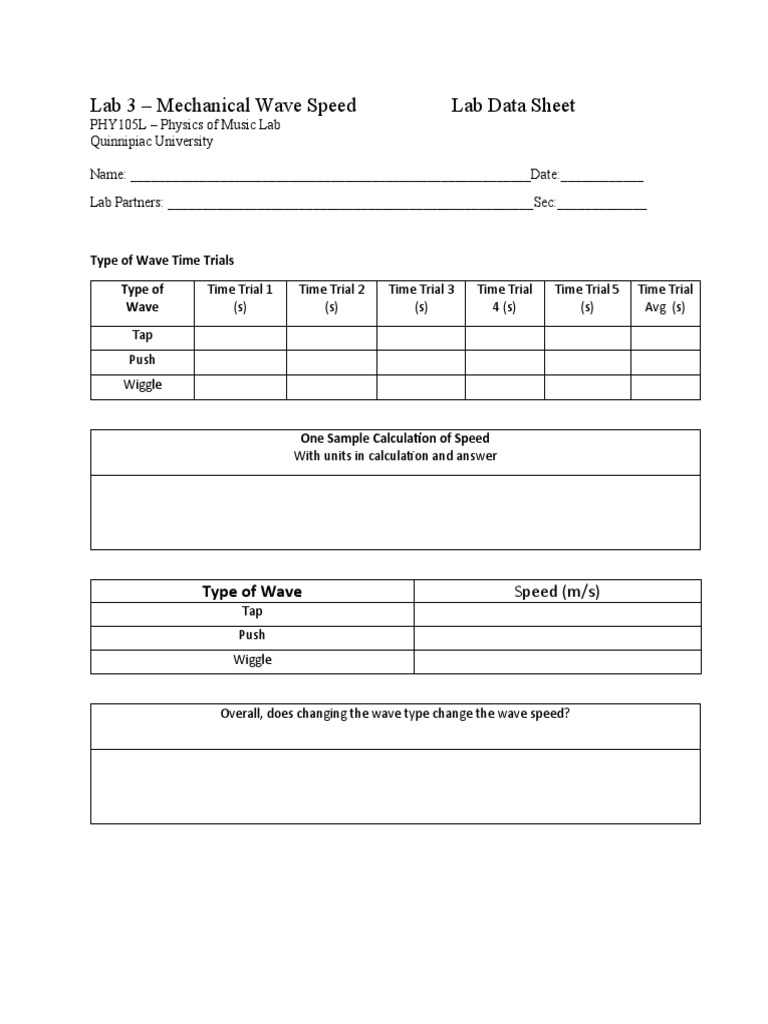 Phy105 Mechanical Lab Speed Lab Data Sheet PDF Waves Amplitude