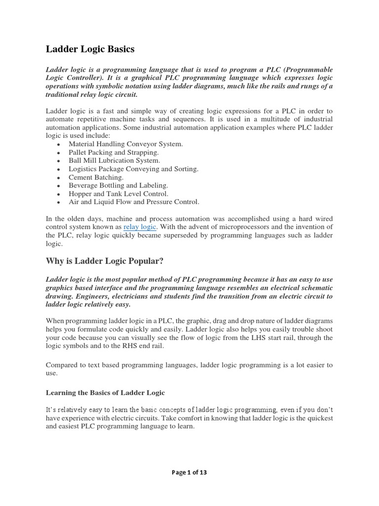 Ladder Logic Basics PDF Programmable Logic Controller Logic Gate