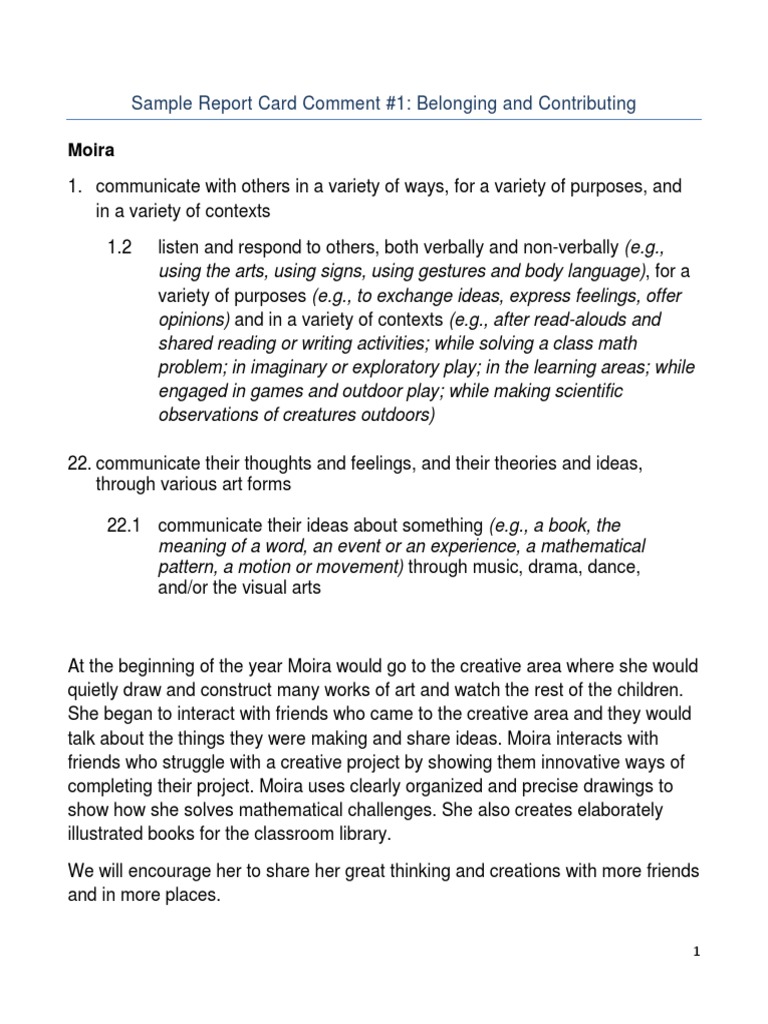 Package Sample Report Card Comments PDF Nonverbal Communication