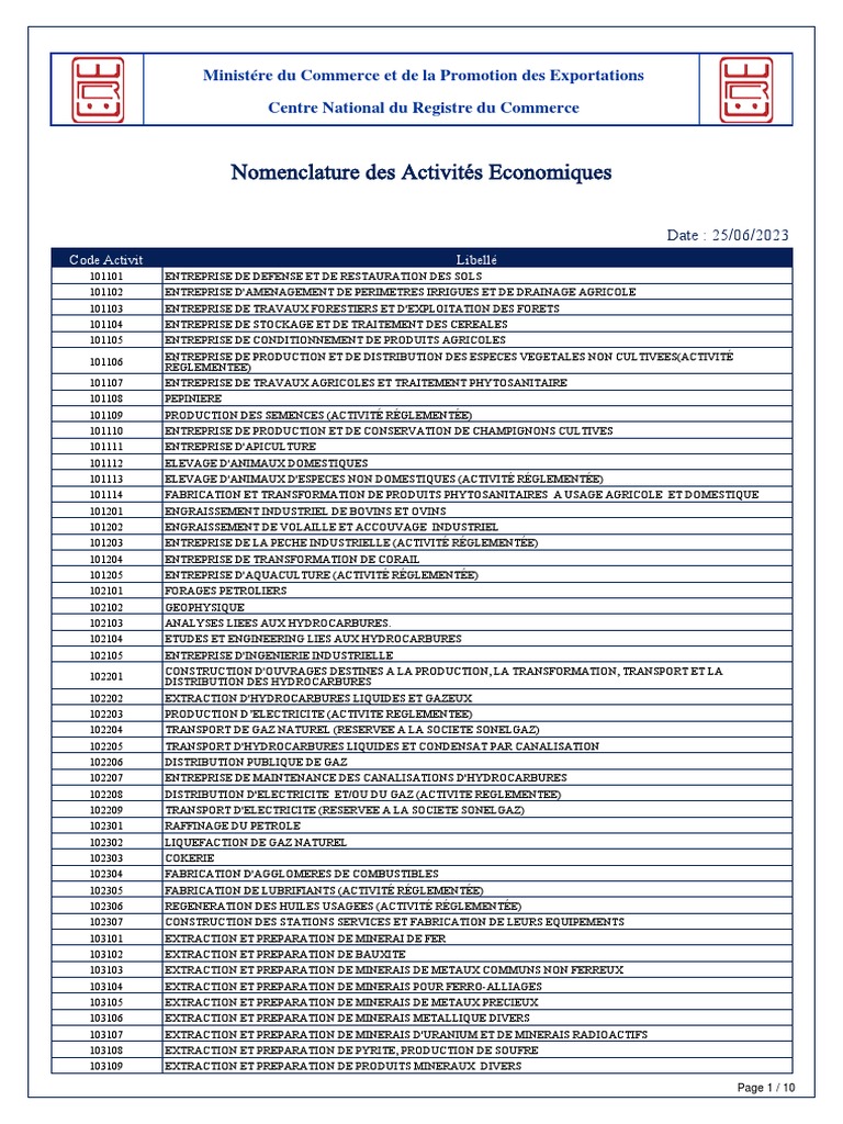 Codes d'Activités CNRC Algérie 2023 | PDF | Laine | Cuir