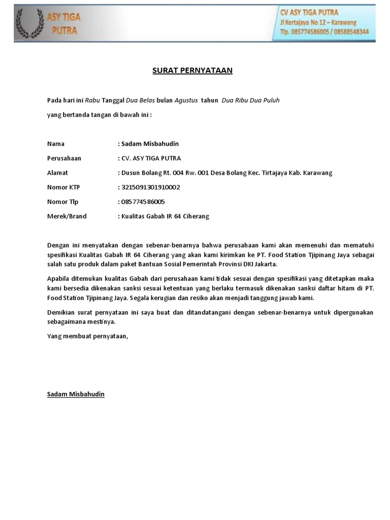 surat pernyataan suplayer ke food station | PDF