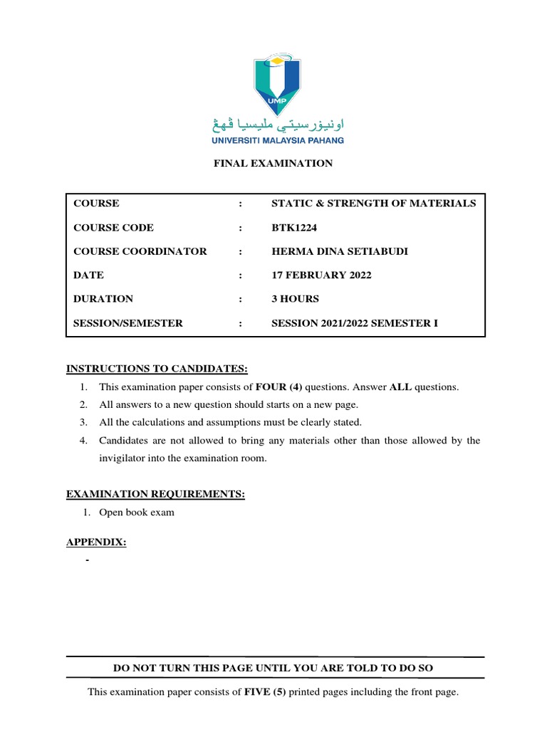 Final Exam: Static & Strength of Materials | PDF | Force | Mechanics