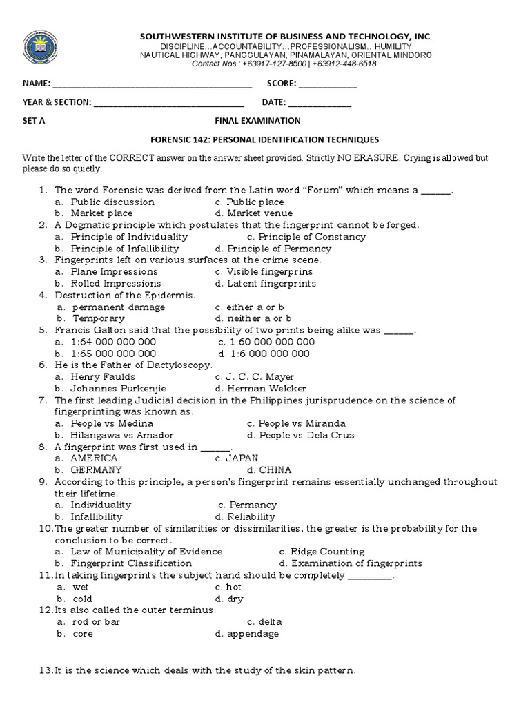 Forensic Exam for Future Police | PDF | Fingerprint | Hand