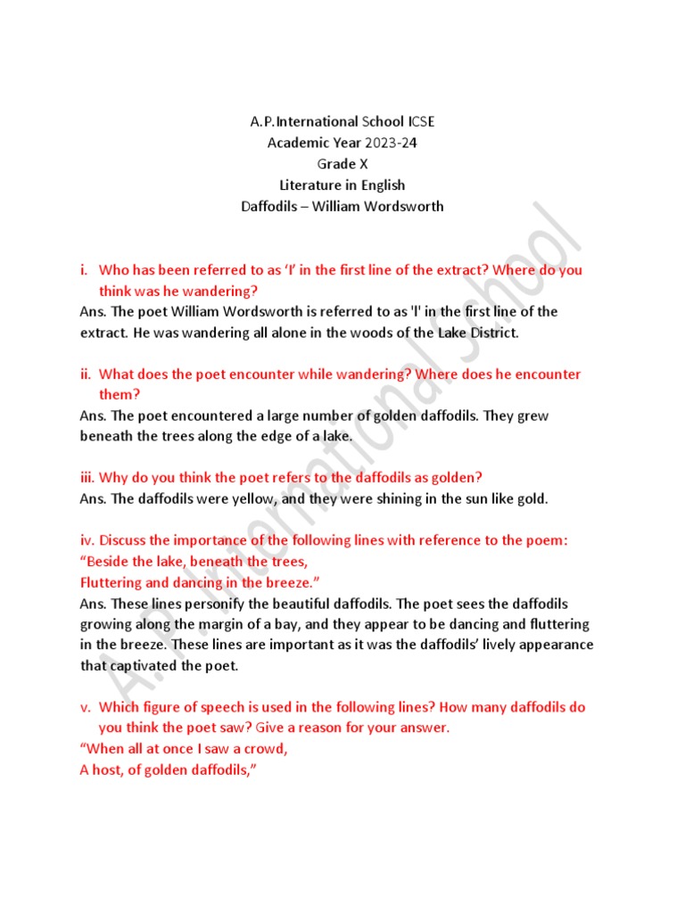 Daffodils Grade X PDF William Wordsworth Poetry