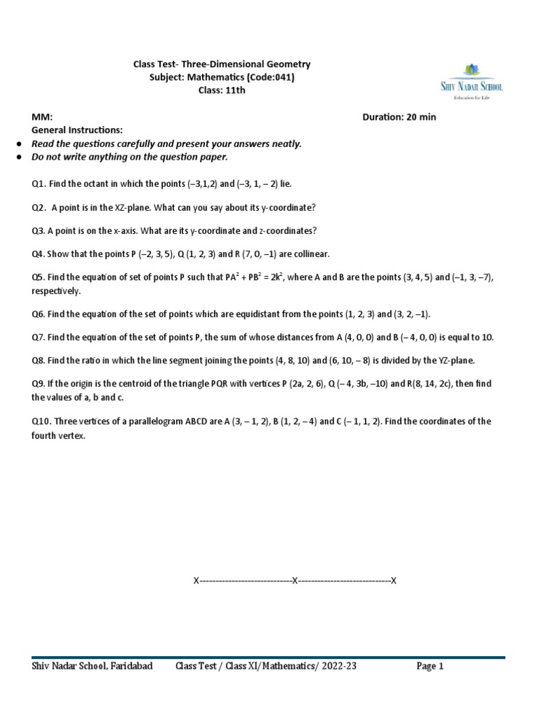 Class Test - G11 - Three-Dimensional Geometry - 2022-23 | PDF