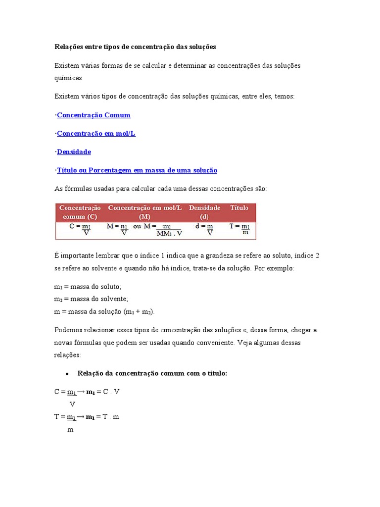 Tipos de Concentração Das Soluções | PDF | Concentração | Concentração ...