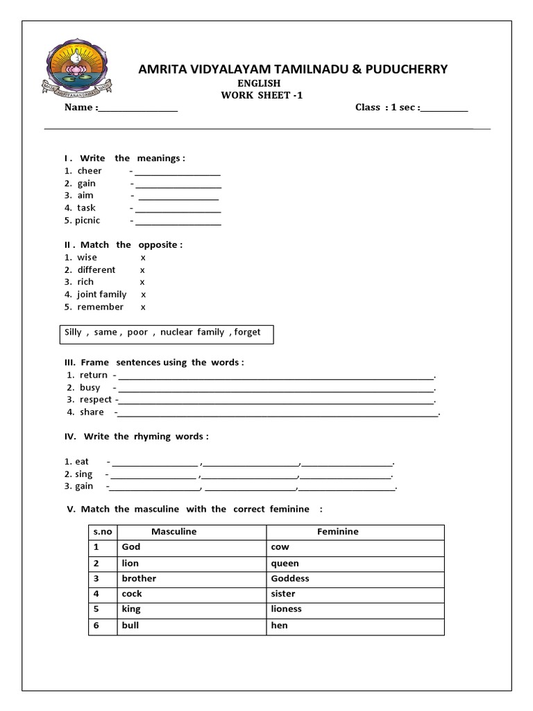 Class 1 English RevisionWS 1 PDF