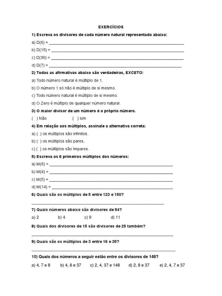 Exercícios sobre Múltiplos e Divisores | PDF | Métodos e Materiais de ...