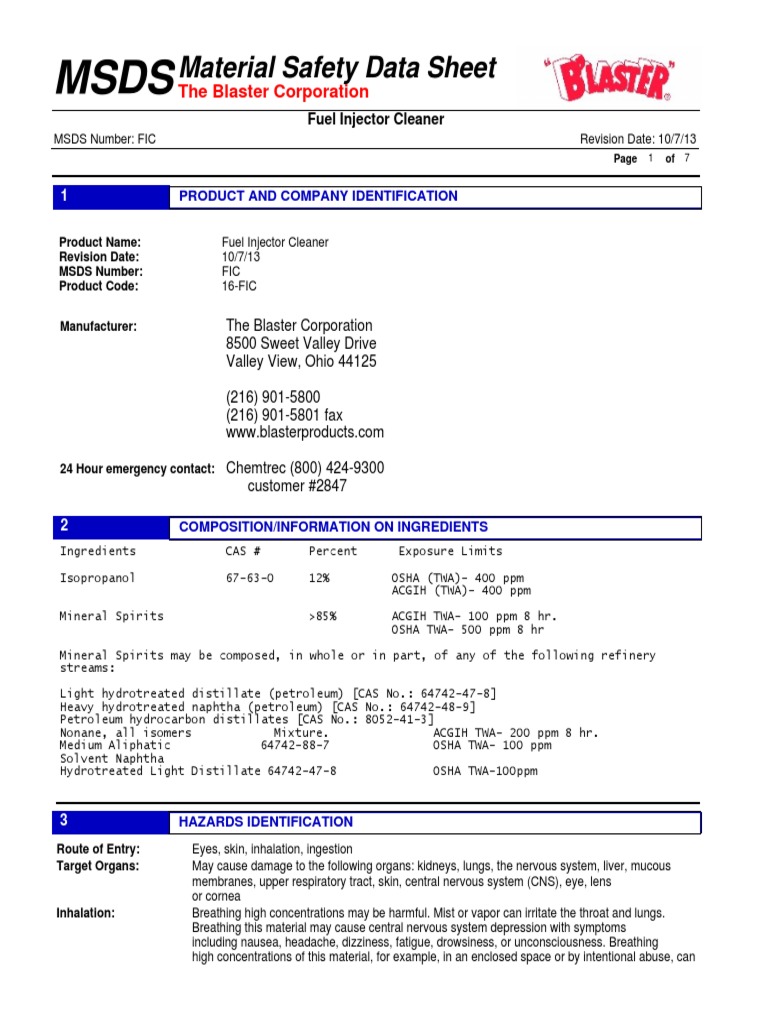 Fuel Injector Cleaner MSDS Overview | PDF | Chemistry