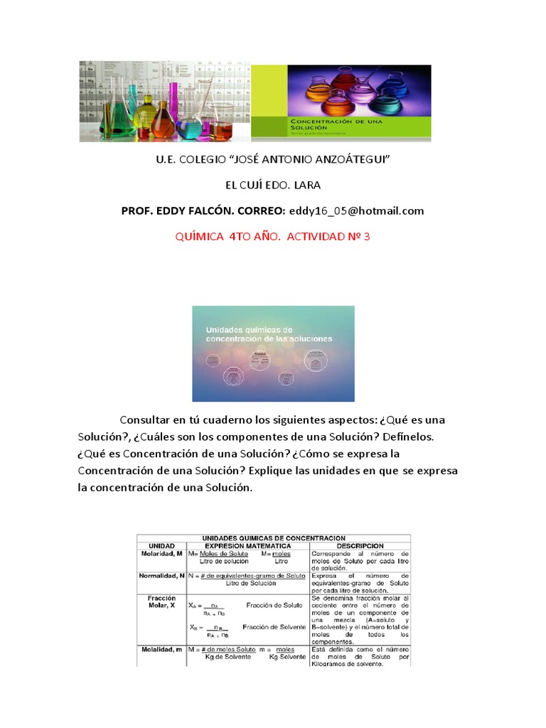 ACTIVIDAD Nº3 DE QUIMICA 4TO AÑO II LAPSO | PDF | Concentración ...