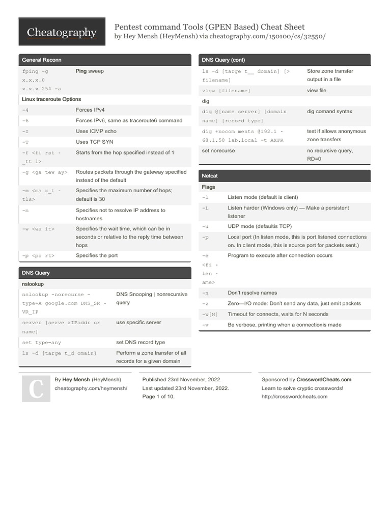 GPEN Pentest Tools Cheat Sheet | PDF | Port (Computer Networking ...