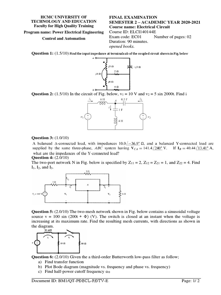 Electrical Circuit Final Exam 2021 | PDF | Electrical Network | Low ...