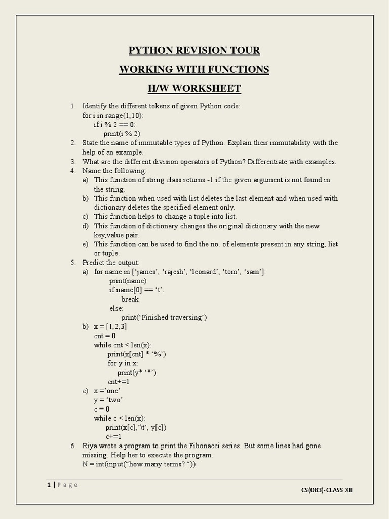 Python Revision Tour Functions HW Worksheet 2 12E | PDF | Data Type ...